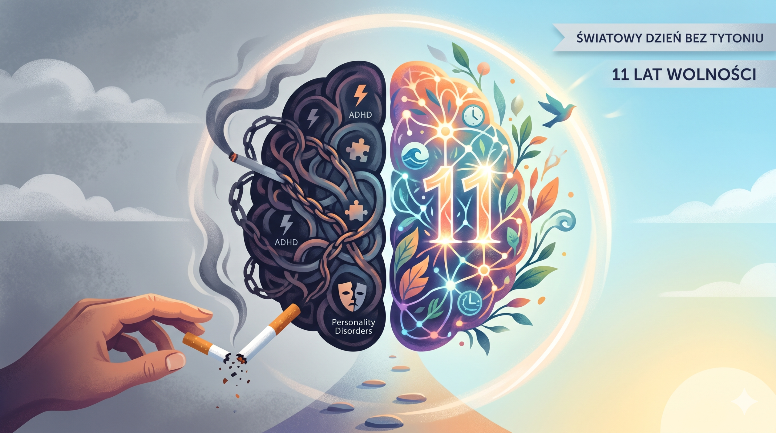 Grafika przedstawiająca powiązania między rzucaniem palenia, ADHD i spektrum autyzmu z perspektywy psychologii.