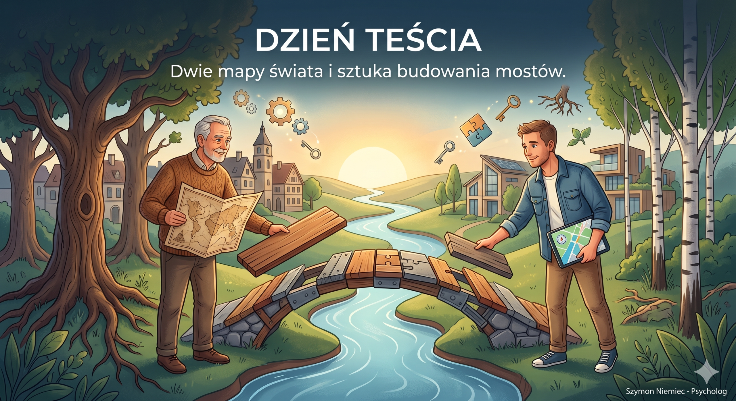 dwóch mężczyzn budujących most na rzece